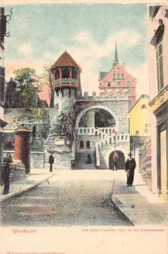 A135 Deutschland Wiesbaden Neue Römische Thor Tor Heidenmauer Vintage Postkarte