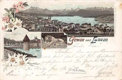 A134 Schweiz 1895 Gruss aus Luzern Edelweiß Wasserthurm Litho Postkarte