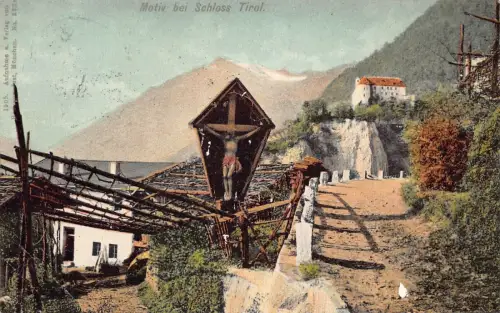 A133 Österreich 1908 Motiv bei Schloss Tirol Jesus am Kreuz Schloss Vintage Postkarte