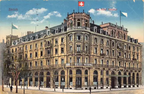 A134 Schweiz 1929 Zuerich Grd Hotel National Terminus Flaggen Vintage Postkarte