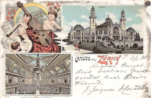 A134 Schweiz 1898 Gruss aus Zuerich Cherrubs Cello Concertsaal Postkarte