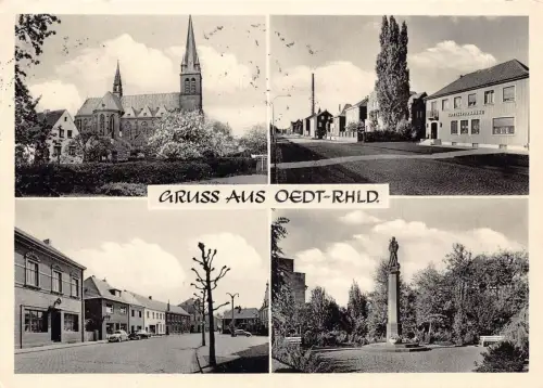 A132 Deutschland 1960 Gruss aus Oedt Rhld Säule Kirche Ladenwagen Oldtimer Postkarte