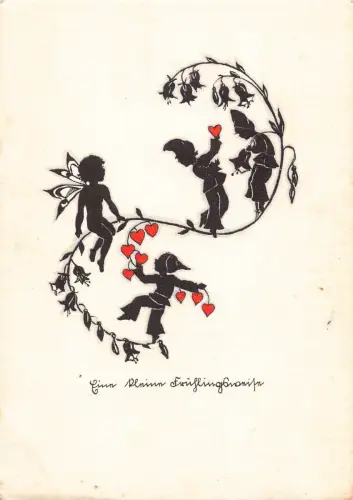 A132 Frühlingsgrüße Elfenkobolde Liebe Herzen Blumengirlanden Vintage Postkarte