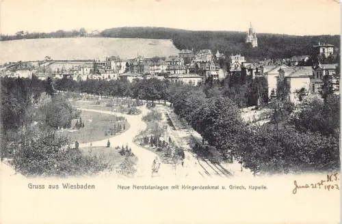 L021 Deutschland Gruss Aus Wiesbaden Kriegerdenkmal Kapelle Vintage Postkarte