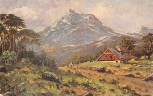 L208 Deutschland 1921 Hütte in den Bergen Gemälde Vintage Postkarte