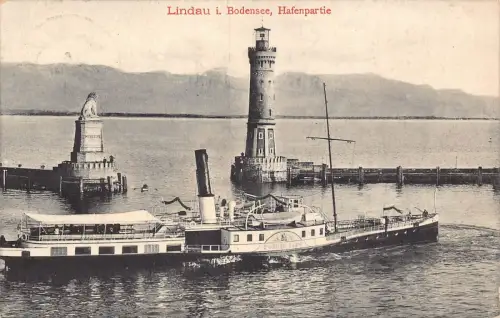 L209 Deutschland 1911 Lindau i Bodensee Hafenpartie Leuchtturm Dampfer Postkarte