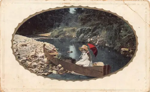 L209 Deutschland 1918 Feldpost 1. Weltkrieg Mädchen im Boot Blumen Hut roter Regenschirm Postkarte