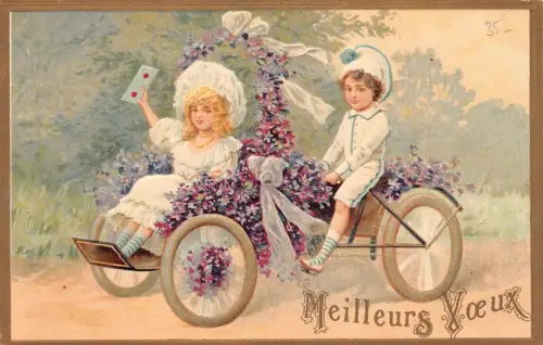 L093 Grüße Kinder alegorisches Auto Blumen Fantasy Prägepostkarte