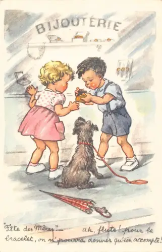 L093 Frankreich Schmuck Kinder Hund Regenschirm Comic Humor Vintage Postkarte