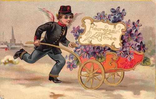 L093 Frankreich 1907 Junge Cherub Blumen Wagen Happy New Year Vintage Postkarte