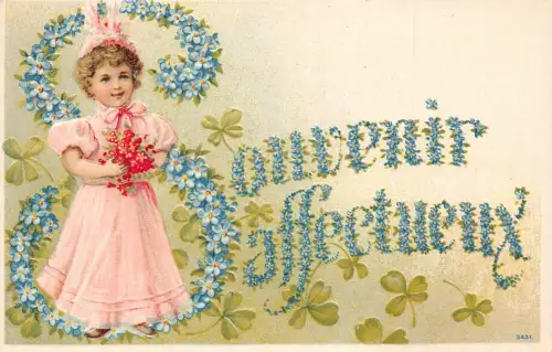 L093 Grüße Mädchen Vergissmeinnicht Blumen Kleeblatt Fantasy Prägepostkarte