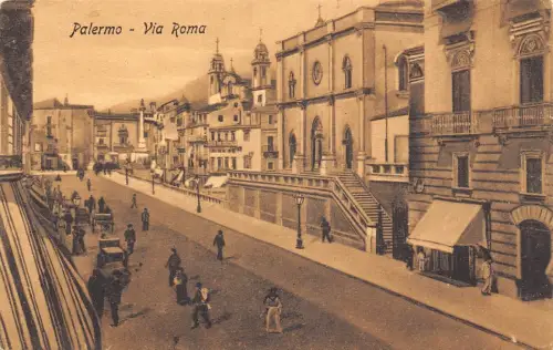 L073 Italien Palermo - Via Roma Kutsche, Kirche Vintage Postkarte