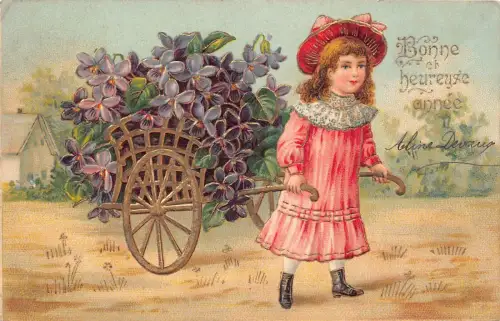 L093 Neujahr 1908 Mädchen zieht alegorischen Wagen Blumen geprägte Postkarte