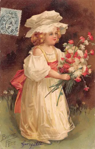 L093 Frankreich Grüße 1906 Mädchen Blumen geprägt Vintage Postkarte
