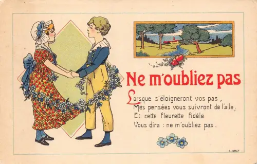 L093 Frankreich Teenager Paar Vergissmeinnicht Blumen E. Orot signiert Vintage Postkarte