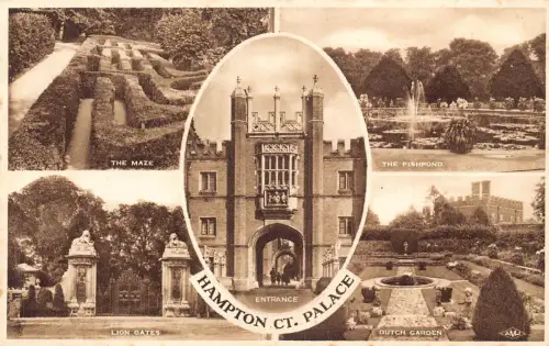 L232 England Labyrinth Löwentor Garten Fischpon Hampton Court Palace Vintage Postkarte