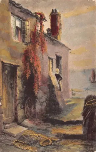 L374 England Clovelly Fischer Aussichtshütte signiert Gemälde Postkarte