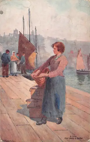 L374 England Ein Mädchen, das eine Matrose Frau Boote signiert Gemälde Postkarte