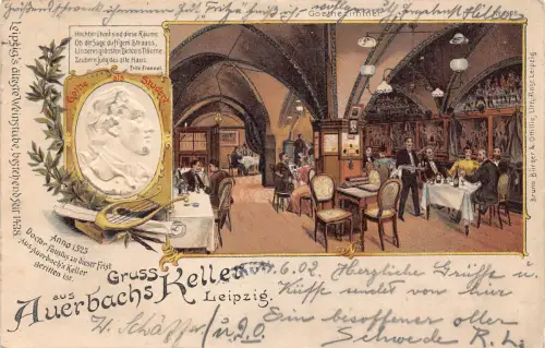 Deutschland Leipzig 1902 Gruss aus Auerbachs Keller Restaurant Prägepostkarte