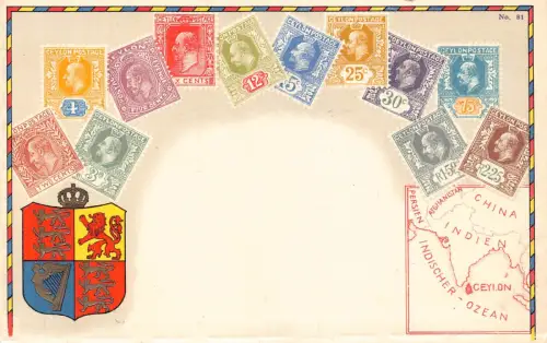 Ceylon Sri Lanka Briefmarken Karte Wappen Litho Vintage Postkarte