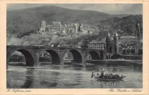 Deutschland Heidelberg Alt Brücke Schloss Brücke Boot Hoffmann Kunst Vintage Postkarte