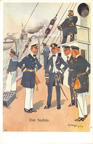 Art Der Seebaer Gruppe von Matrosen Marine auf Dampfschiff sprechende Vintage Postkarte