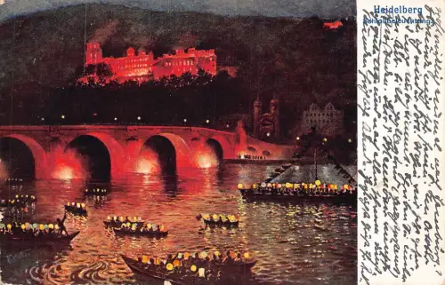 Deutschland Heidelberg 1907 Schlossbeleuchtung Schloss bei Nacht Boot Vintage Postkarte