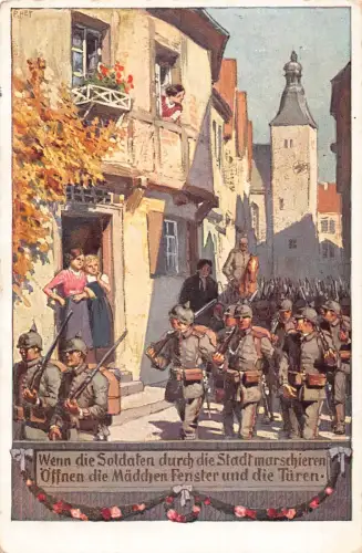 Wenn Soldaten marschieren Frauen öffnen Fenstergewehr 1915 Feldpostkarte 1. Weltkrieg