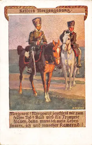 Kavallerie Soldaten auf Pferd Morgenrot! Kunst von KR Wilke Postkarte 1913
