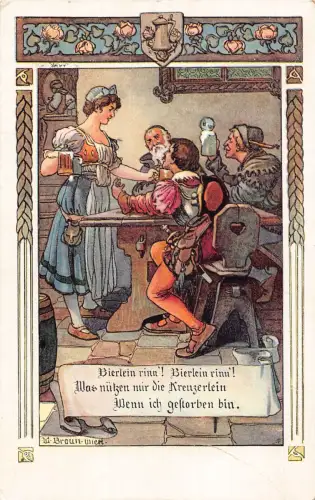 Kellnerin bringt Bierkrüge zu Männern in Bar 1918 Blumen Wappen Postkarte