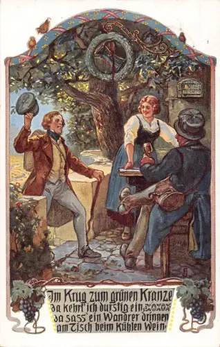 Barszene 1912 Reisender geht auf Terrasse Kellnerin Weinglas Traube Vogel Postkarte