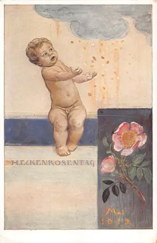 Heckenrosentag 1912 Wildrose Baby Junge regnet mit Münzen Vintage Postkarte