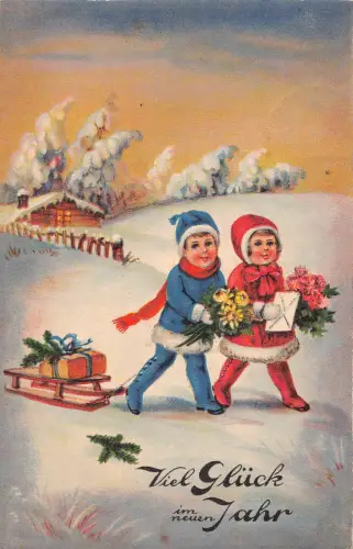 Neujahrsgrüße 1932 Kinder Brief Blumensträuße Schlitten Geschenk Postkarte