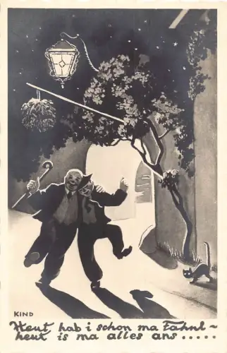 Kunst betrunkener Mann, der nachts geht schwarze Katze Lampenmast Vintage Postkarte