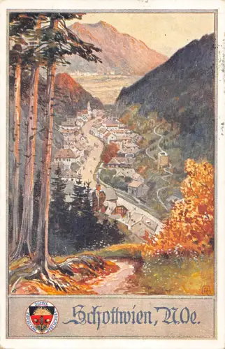 Österreich Schottwien Gesamtansicht Kunstwappen Vintage Postkarte