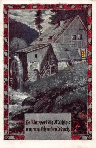 Mysteriöse Landschaft 1919 Wassermühle bei Nacht Muehle Kunst Vintage Postkarte