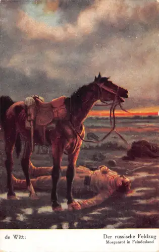 Deutscher Kriegsfeldzug in Russland Morgen Pferd verwundeter Soldat Kunst Vintage Postkarte