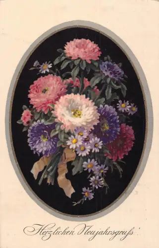 Neujahrsgrüße 1917 Passepartout Bunte Blumen Blumenstrauß Postkarte