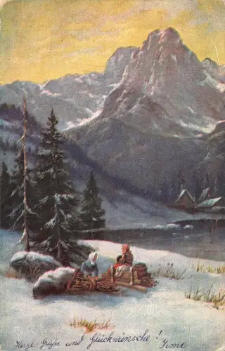 Malerische Landschaft 1924 Berge See Bauern ruhen Schnee Vintage Postkarte