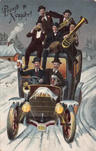 Neujahrsgrüße 1916 Männer fahren Auto Fanfare auf Motorhaube Trompete Trommel Postkarte