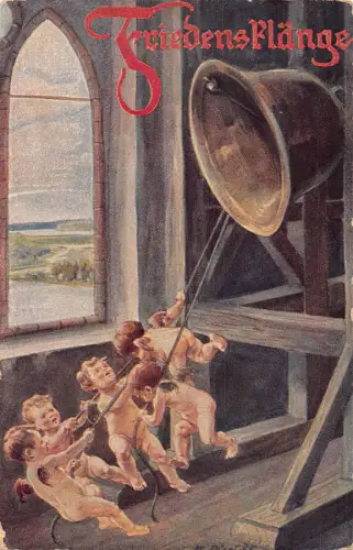 Friedensflaenge Gruppe Cherubs ziehen Kirchenglocke Freundschaft Vintage Postkarte