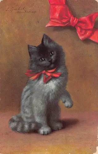 Kunst 1906 Niedliche kleine schwarze Katze mit rotem Band Vintage Postkarte