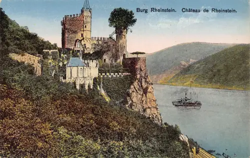 Deutschland Burg Rheinstein Burg Dampfschiff Vintage Postkarte