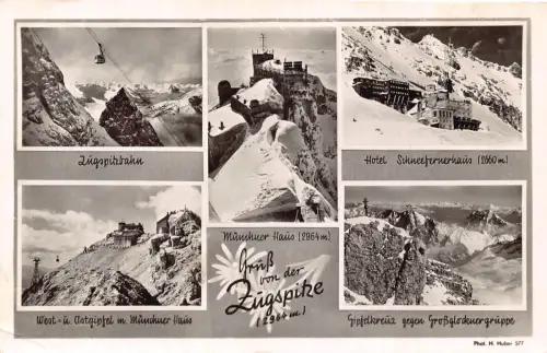 Deutschland Gruss von der Zugspitze Seilbahn Hotel Schneefernerhaus Schnee Postkarte