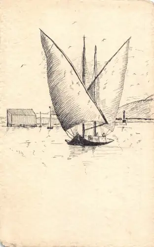 Gezeichnetes Segelboot Abfahrt vom Hafen Vintage Postkarte