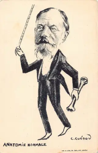 Anatomie Normale Karikatur gezeichnet alter Mann Stock und Knochen Vintage Postkarte