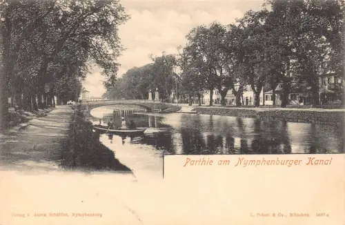 Deutschland Partie am Nymphenburger Kanal Kanal Boot Brücke Vintage Postkarte