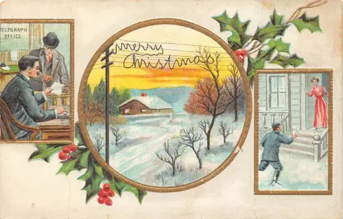 Weihnachtsgrüße Heiliger Baum Postbote Telegraphenamt Schnee geprägte Postkarte