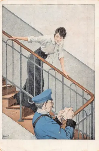 Mädchen wartet auf Treppe auf Postbote, um Briefe zu teilen 1917 Postkarte