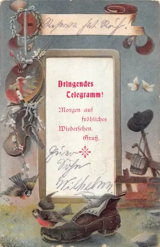 Gruss Dringendes Telegramm! Malpalette Flöte Violine Vögel Schuh 1908 Postkarte